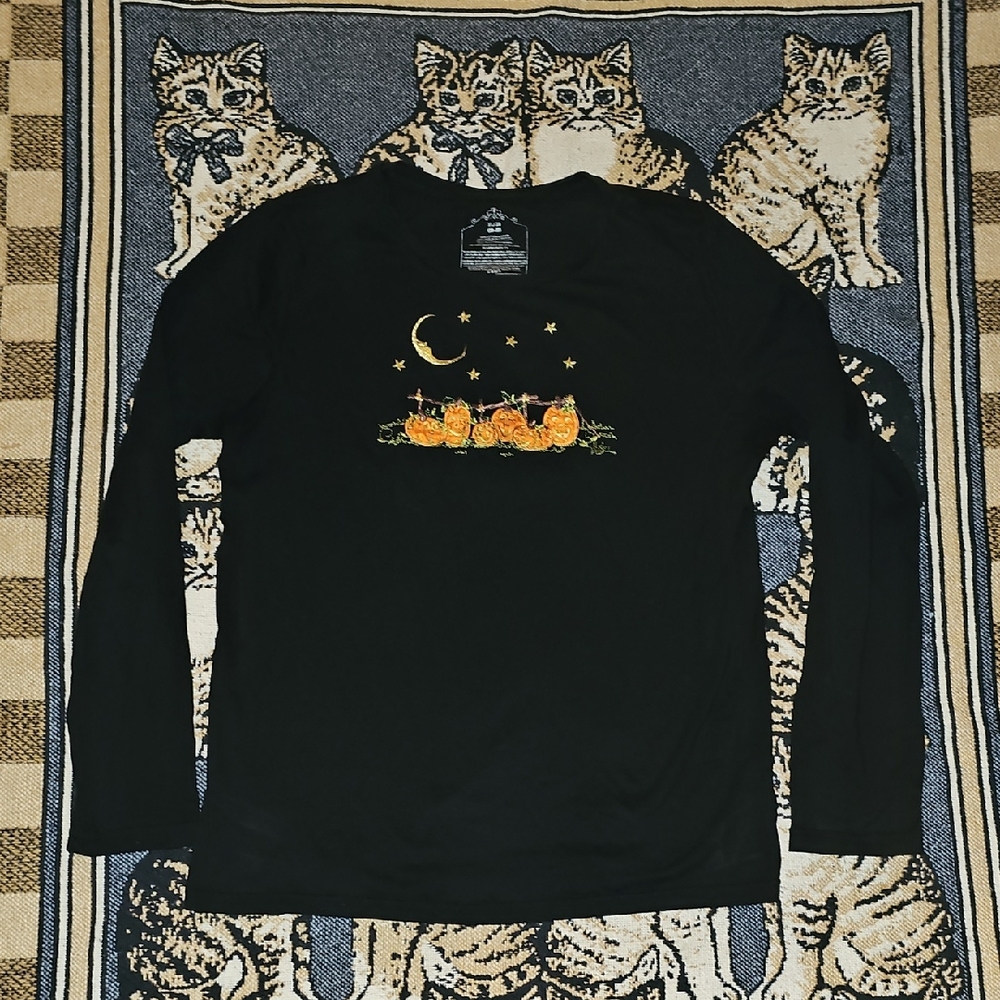 Halloween Black Long Sleeve Shirt with Pumpkin and Moon Design Embroidery L/XL
